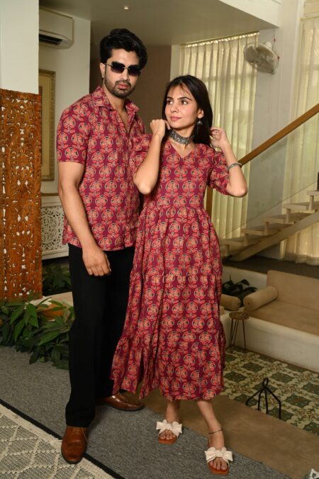 Couple Matching Red Cotton Anarkali Midi Dress and Shirt Set ? Floral Block Print